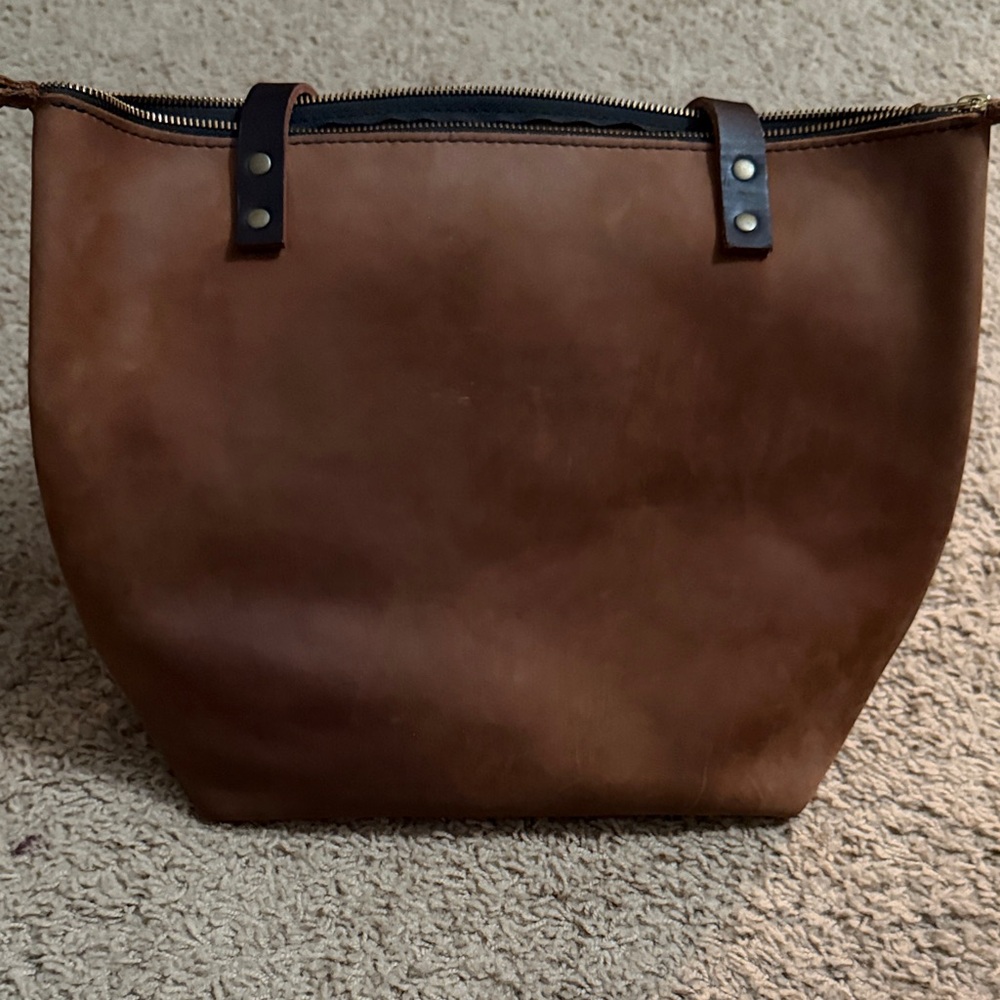Portland Leather Goods Brown Medium Leather zip Tote with Front Pocket - Picture 3 of 3